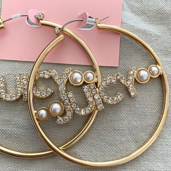 Gold tone logo hoops crystals rhinestones pearls - Picture 5 of 5